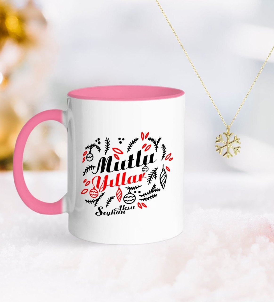 Kişiye Özel Yılbaşı Mutlu Yıllar Pembe Kupa ve Kar Tanesi Kolye-4