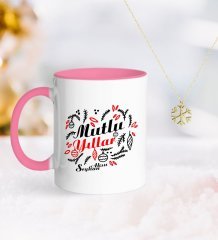 Kişiye Özel Yılbaşı Mutlu Yıllar Pembe Kupa ve Kar Tanesi Kolye-4