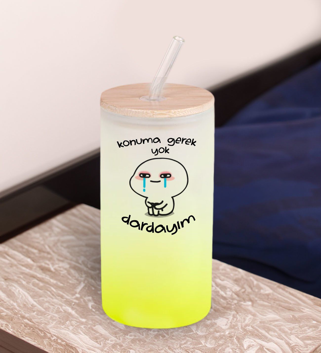 BK Gift Esprili Tasarım Sarı Renk Pipetli Buzlu Cam Bardak 600ml - 7, Arkadaşa Hediye, Doğum Günü Hediyesi