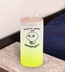 BK Gift Esprili Tasarım Sarı Renk Pipetli Buzlu Cam Bardak 600ml - 7, Arkadaşa Hediye, Doğum Günü Hediyesi