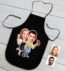 Kişiye Özel Aşçı Çift Karikatürlü Siyah Mutfak Önlüğü-2