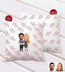Kişiye Özel Sevgililer Karikatürlü Çift Kalp Desenli Dekoratif Kırlent Yastık-100