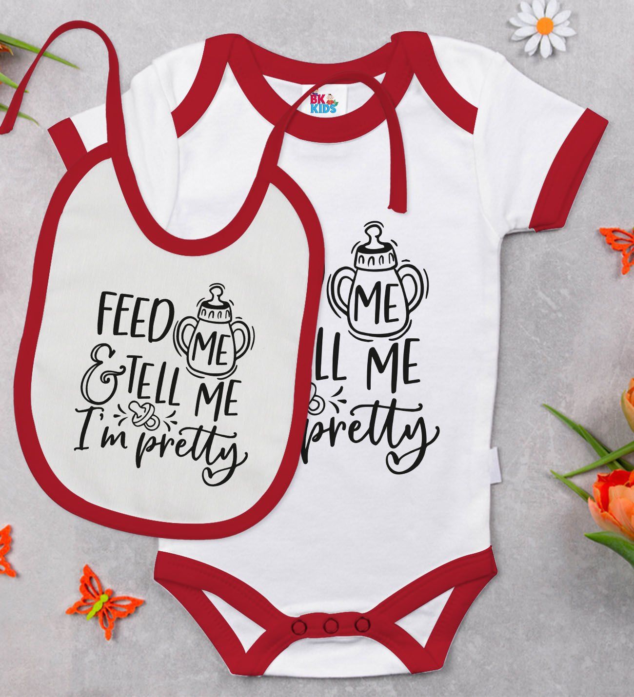 BK Kids I'm Pretty Tasarımlı Kırmızı Bebek Body Zıbın ve Mama Önlüğü Hediye Seti-1