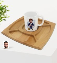 Kişiye Özel Tamirci Karikatürlü Beyaz Kupa ve Doğal Masif Ahşap 4 Bölmeli Sunum Tabağı Çerezlik Hediye Seti-1