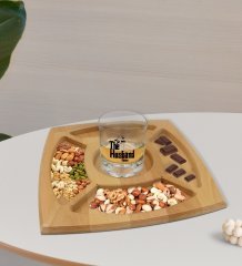 Kişiye Özel The Husband Tasarımlı Viski Bardağı ve Doğal Masif Ahşap 4 Bölmeli Sunum Tabağı Çerezlik Hediye Seti-1