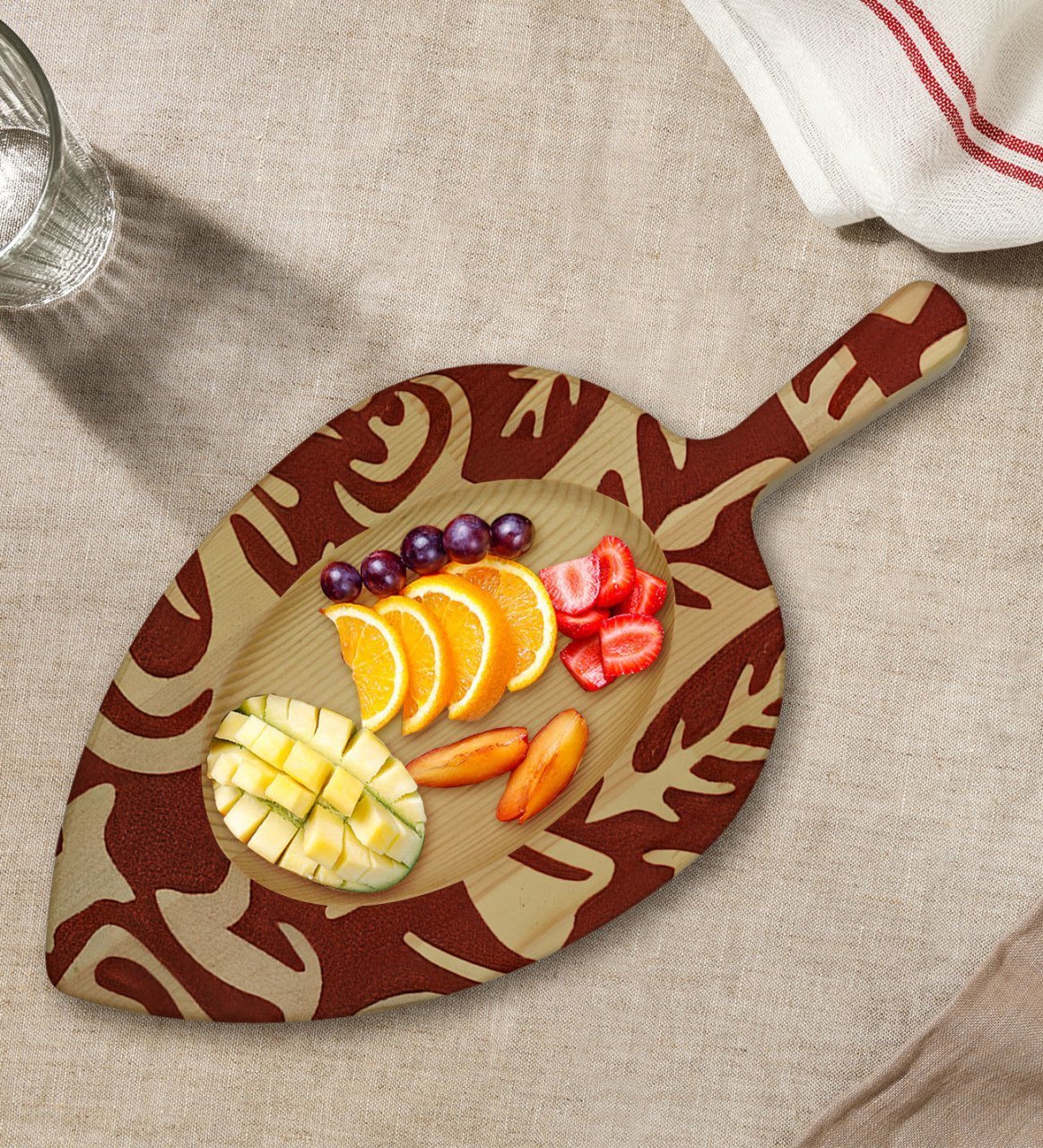 BK Gift Retro Motif Tasarımlı Yaprak Şeklinde Doğal Ahşap Servis ve Sunum Tabağı Model 2