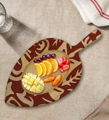 BK Gift Retro Motif Tasarımlı Yaprak Şeklinde Doğal Ahşap Servis ve Sunum Tabağı Model 2