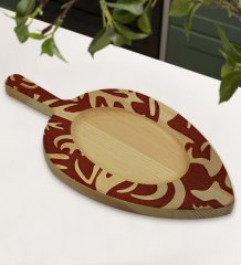 BK Gift Retro Motif Tasarımlı Yaprak Şeklinde Doğal Ahşap Servis ve Sunum Tabağı Model 2