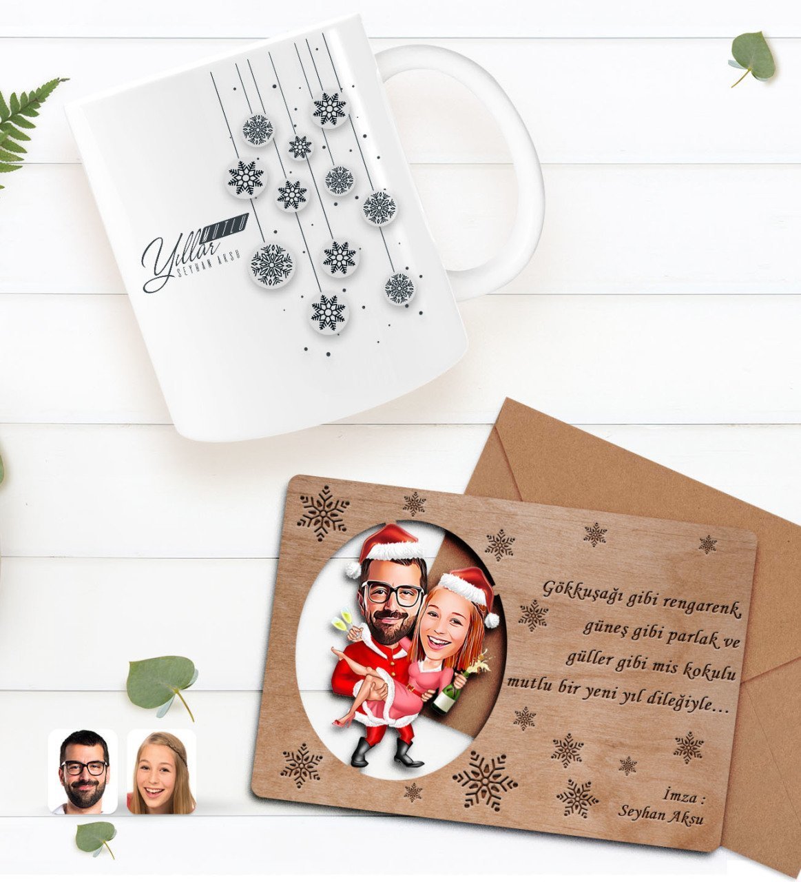 Kişiye Özel Happy New Year Kupa Bardak ve Retro Ahşap Yılbaşı Tebrik Kartı Hediye Seti-4F