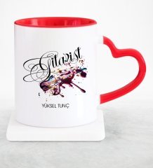 Kişiye Özel Mesleki Gitarist Kırmızı Kalpli Kupa Bardak - 2