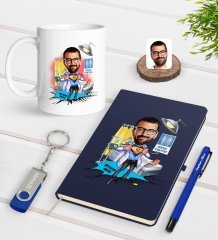 Kişiye Özel Erkek Doktor Karikatürlü Lacivert Defter Kalem Kupa 32gb USB Bellek Hediye Seti-1