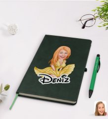 Kişiye Özel Marilyn Monroe Karikatürlü Yeşil Termo Deri Defter Kalem Seti Model 1