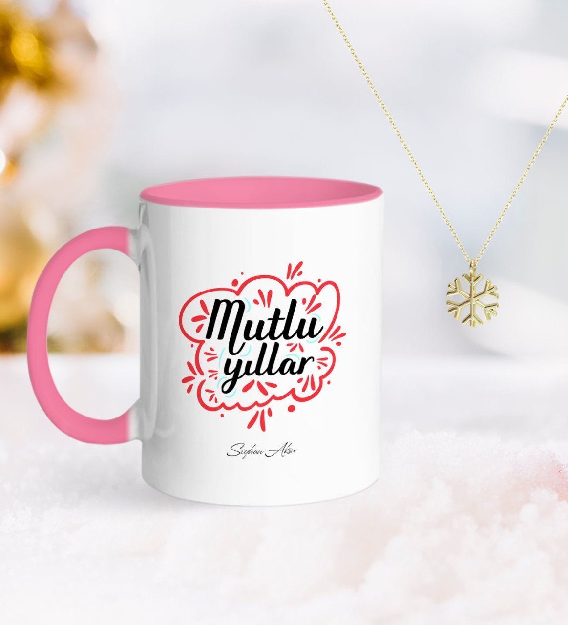 Kişiye Özel Yılbaşı Mutlu Yıllar Pembe Kupa ve Kar Tanesi Kolye-3