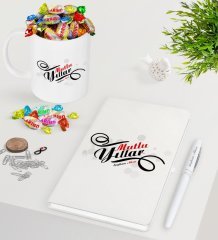Kişiye Özel Yılbaşı Mutlu Yıllar Beyaz Defter Kalem Kupa ve Haribo Şeker Hediye Seti-6