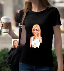 Kişiye Özel Bayan Karikatürlü Siyah T-Shirt-18
