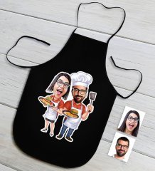 Kişiye Özel Aşçı Çift Karikatürlü Siyah Mutfak Önlüğü-1