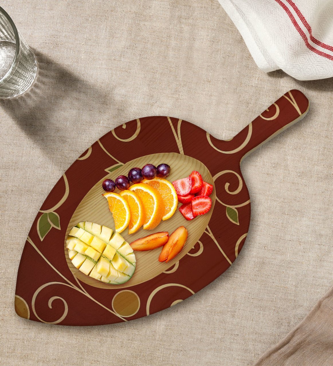 BK Gift Retro Motif Tasarımlı Yaprak Şeklinde Doğal Ahşap Servis ve Sunum Tabağı Model 1