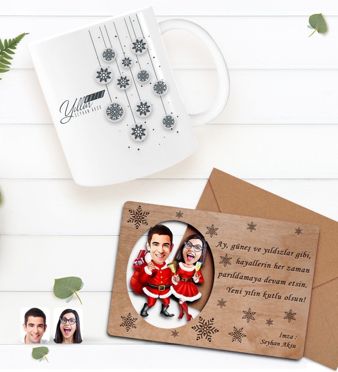 Kişiye Özel Happy New Year Kupa Bardak ve Retro Ahşap Yılbaşı Tebrik Kartı Hediye Seti-4E