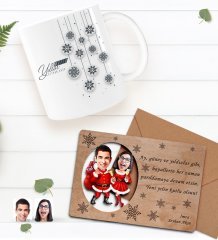 Kişiye Özel Happy New Year Kupa Bardak ve Retro Ahşap Yılbaşı Tebrik Kartı Hediye Seti-4E