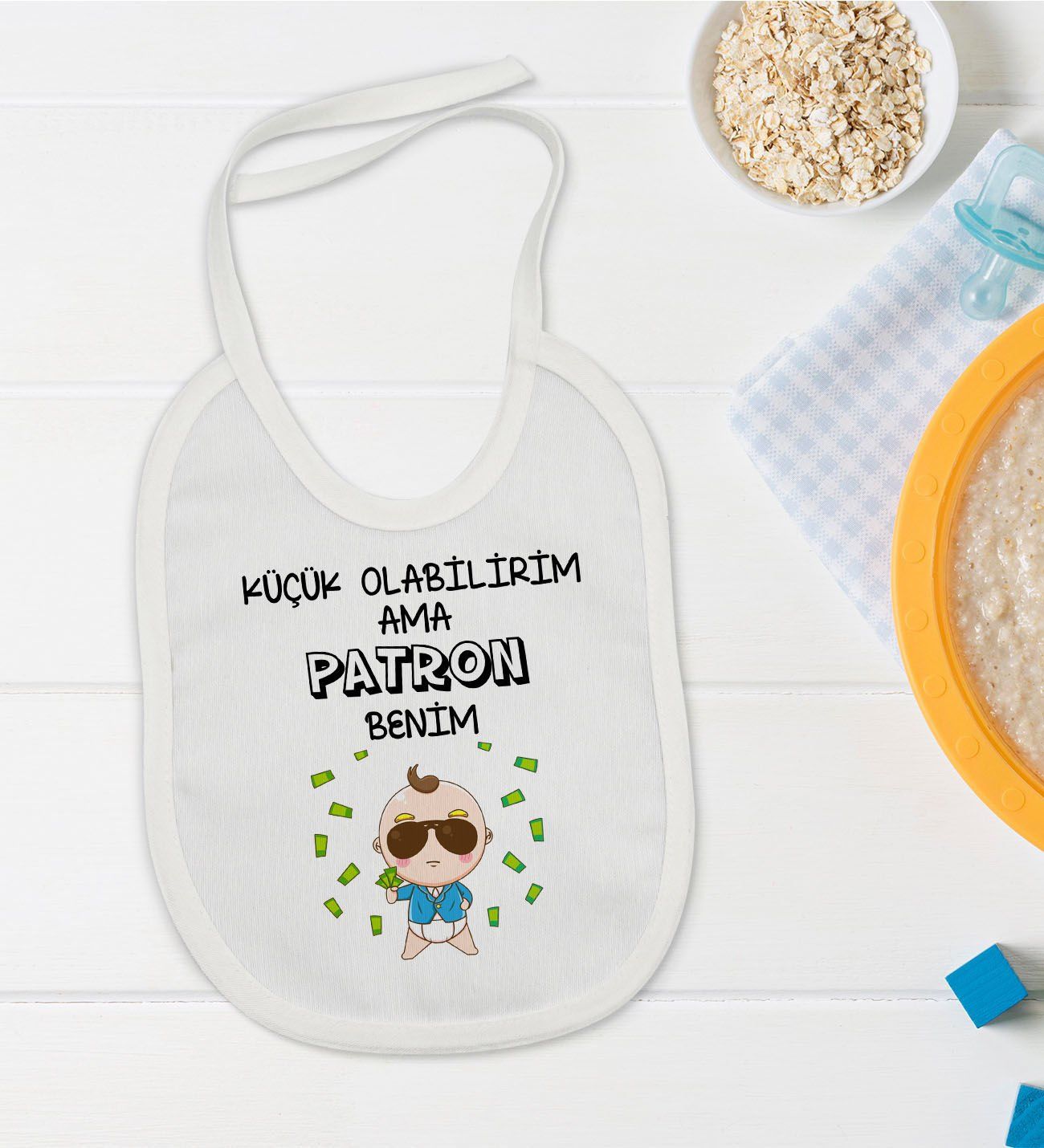 BK Kids Patron Benim Tasarımlı Beyaz Bebek Mama Önlüğü-1