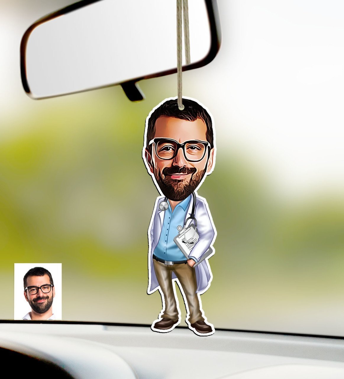 Kişiye Özel Bay Doktor Karikatürlü Ahşap Araba Dikiz Ayna Süsü