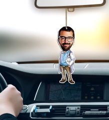 Kişiye Özel Bay Doktor Karikatürlü Ahşap Araba Dikiz Ayna Süsü