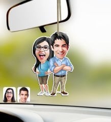 Kişiye Özel Sevgililer Karikatürlü Ahşap Araba Dikiz Ayna Süsü-101