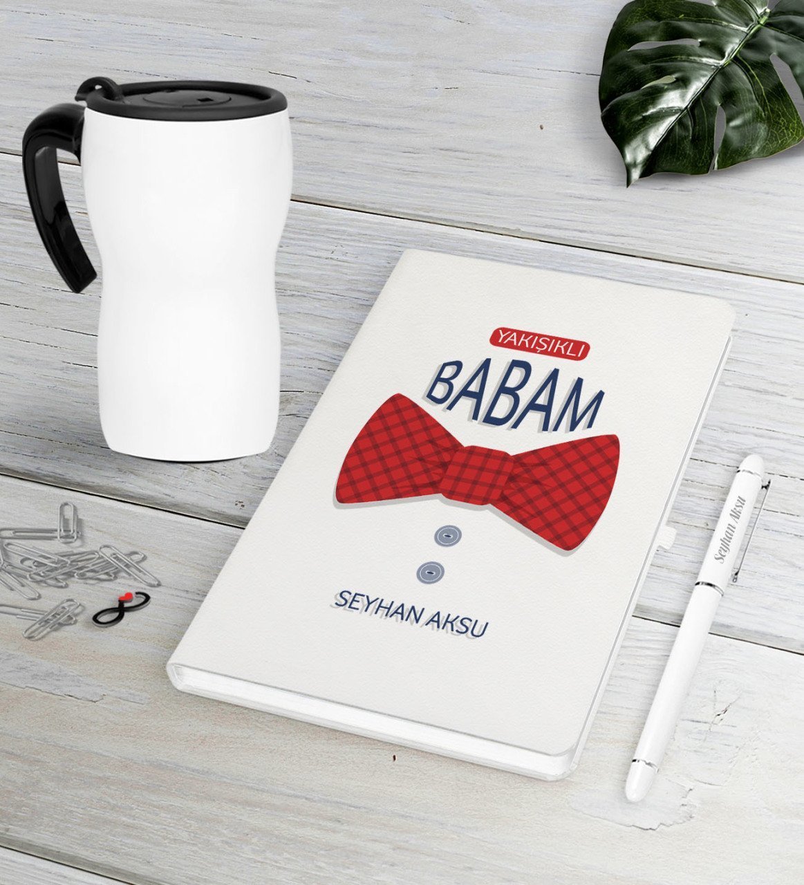 Kişiye Özel Yakışıklı Babam Beyaz Defter Kalem Termos Mug Seti-6