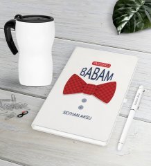 Kişiye Özel Yakışıklı Babam Beyaz Defter Kalem Termos Mug Seti-6