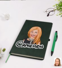 Kişiye Özel Kadın Karikatürlü Yeşil Termo Deri Defter Kalem Seti Model 75