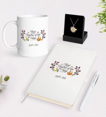 Kişiye Özel Yılın En İyi Öğretmeni Beyaz Kupa Defter Kalem ve İsimli Papatya Kolye Hediye Seti-1