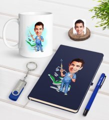 Kişiye Özel Erkek Diş Hekimi Karikatürlü Lacivert Defter Kalem Kupa 32gb USB Bellek Hediye Seti-4
