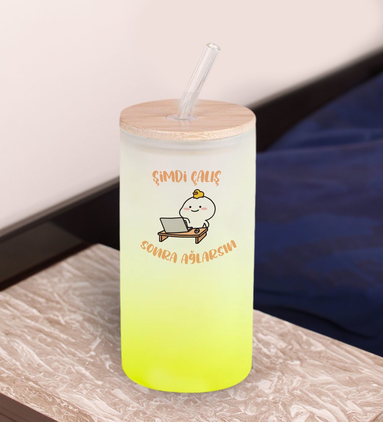BK Gift Esprili Tasarım Sarı Renk Pipetli Buzlu Cam Bardak 600ml - 5, Arkadaşa Hediye, Doğum Günü Hediyesi