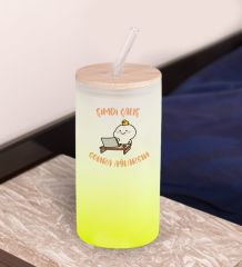 BK Gift Esprili Tasarım Sarı Renk Pipetli Buzlu Cam Bardak 600ml - 5, Arkadaşa Hediye, Doğum Günü Hediyesi