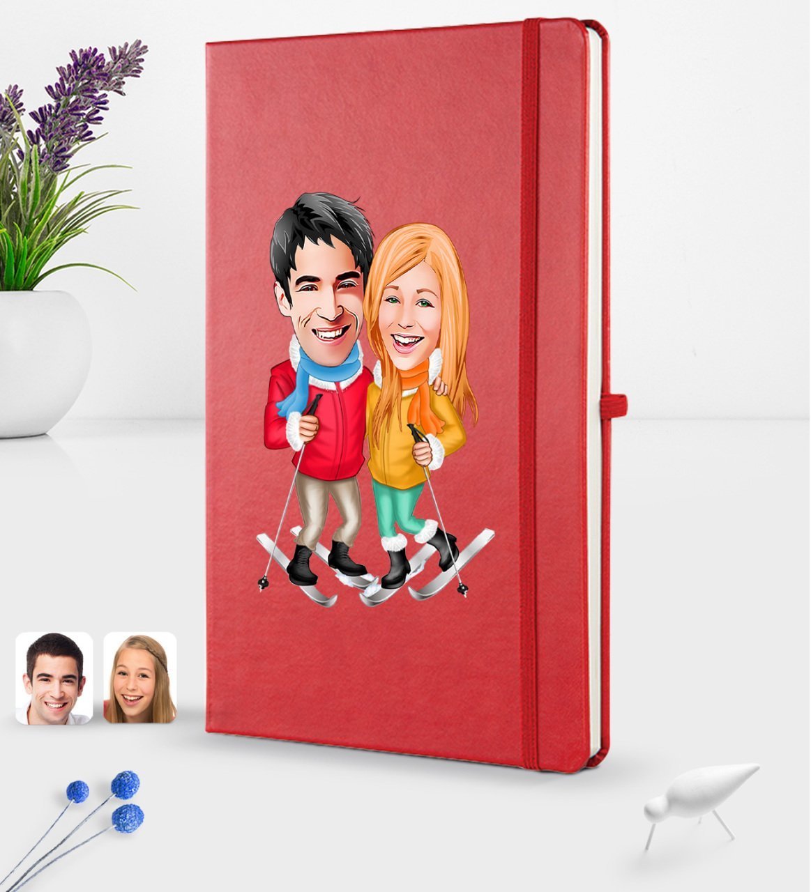 Kişiye Özel Sevgililer Karikatürlü Karikatürlü Kırmızı Termo Deri Defter 16x24cm Model 107