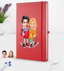Kişiye Özel Sevgililer Karikatürlü Karikatürlü Kırmızı Termo Deri Defter 16x24cm Model 107