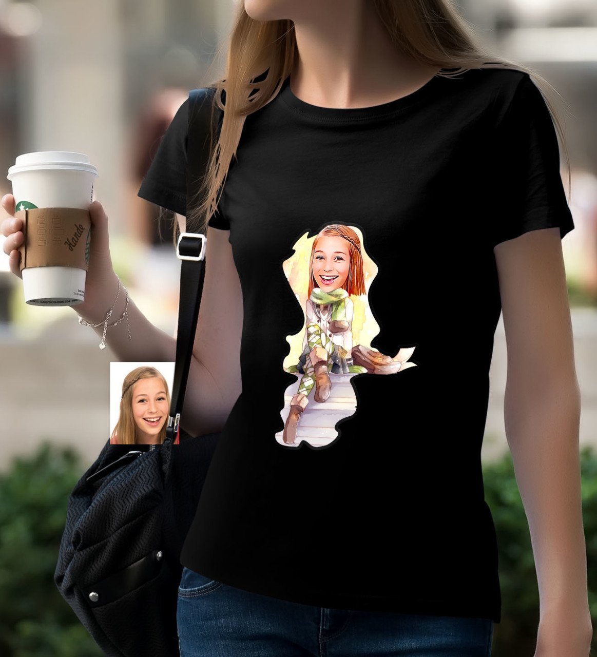 Kişiye Özel Bayan Karikatürlü Siyah T-Shirt-17