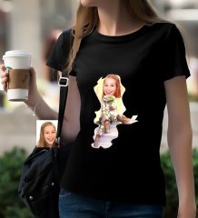 Kişiye Özel Bayan Karikatürlü Siyah T-Shirt-17