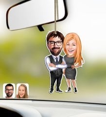 Kişiye Özel Sevgililer Karikatürlü Ahşap Araba Dikiz Ayna Süsü-100