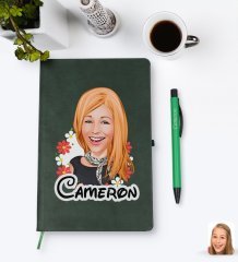 Kişiye Özel Kadın Karikatürlü Yeşil Termo Deri Defter Kalem Seti Model 51