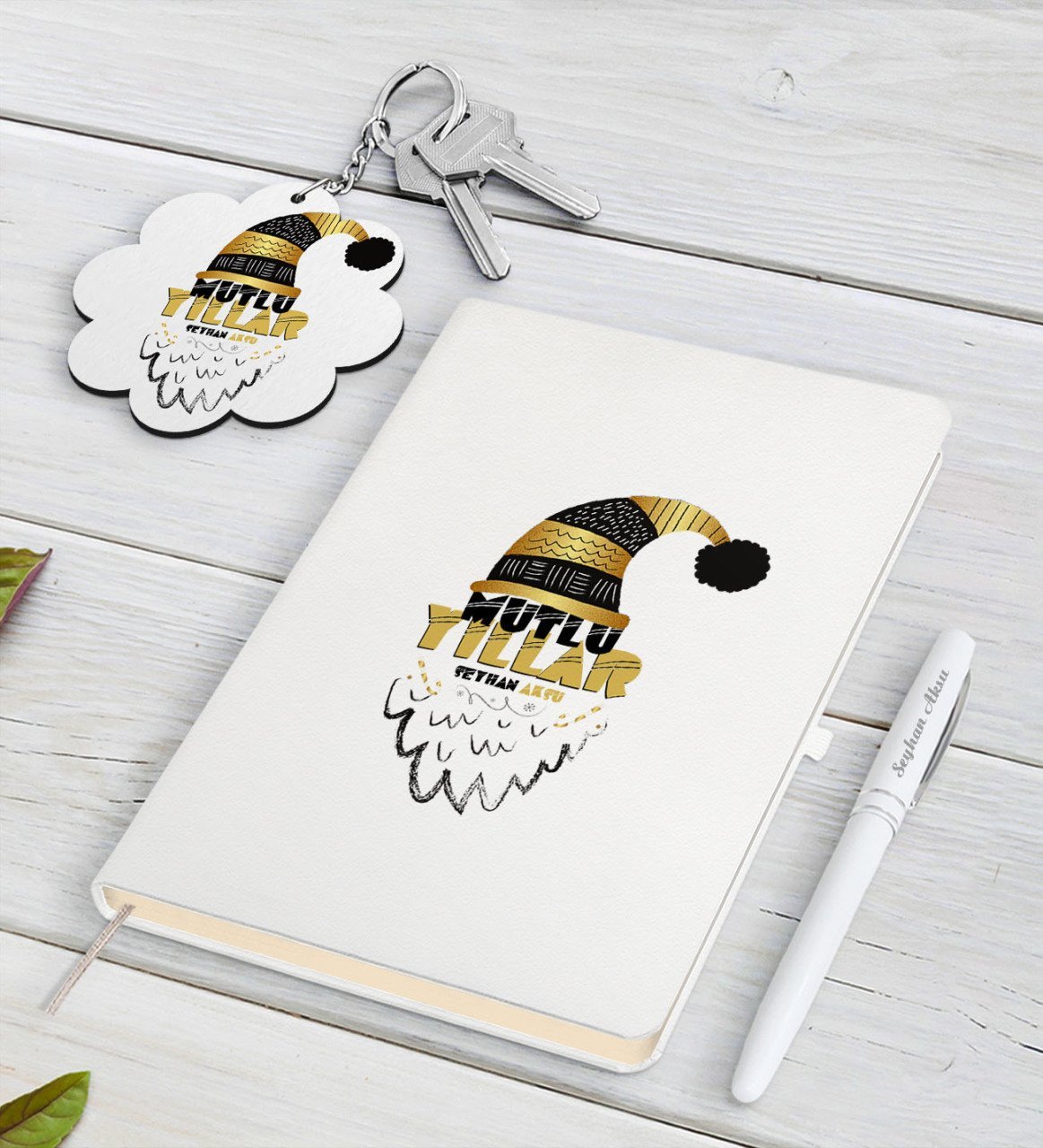 Kişiye Özel Yılbaşı Mutlu Yıllar Beyaz Defter Kalem ve Anahtarlık Hediye Seti-8