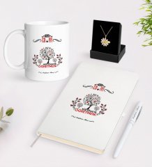 Kişiye Özel Yılın En İyi Matematik Öğretmeni Beyaz Kupa Defter Kalem ve İsimli Papatya Kolye Hediye Seti