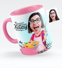 Kişiye Özel Bayan Ressam Karikatürlü Pembe Kupa Bardak - 1