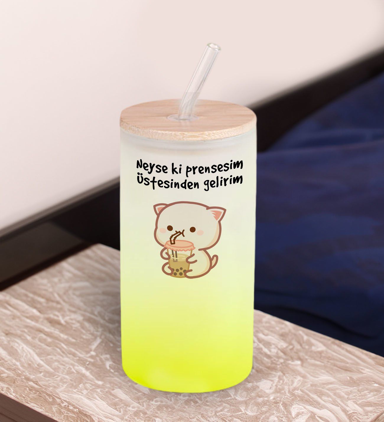 BK Gift Esprili Tasarım Sarı Renk Pipetli Buzlu Cam Bardak 600ml - 4, Arkadaşa Hediye, Doğum Günü Hediyesi