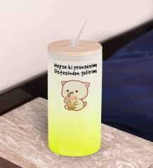 BK Gift Esprili Tasarım Sarı Renk Pipetli Buzlu Cam Bardak 600ml - 4, Arkadaşa Hediye, Doğum Günü Hediyesi