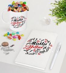 Kişiye Özel Yılbaşı Mutlu Yıllar Beyaz Defter Kalem Kupa ve Haribo Şeker Hediye Seti-4