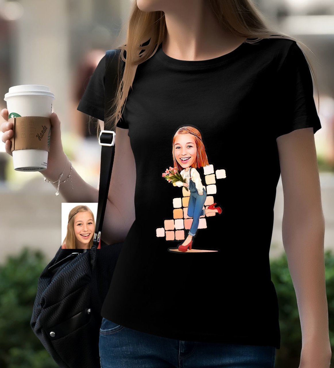 Kişiye Özel Bayan Karikatürlü Siyah T-Shirt-13