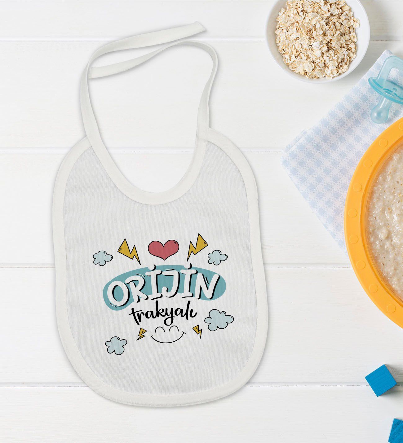 BK Kids Orjin Trakyalı Tasarımlı Beyaz Bebek Mama Önlüğü-1