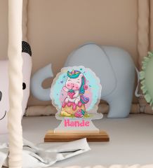 BK Gift Kişiye Özel İsimli Sevimli Unicorn Tasarımlı Ahşap Standlı Pleksi Biblo-1