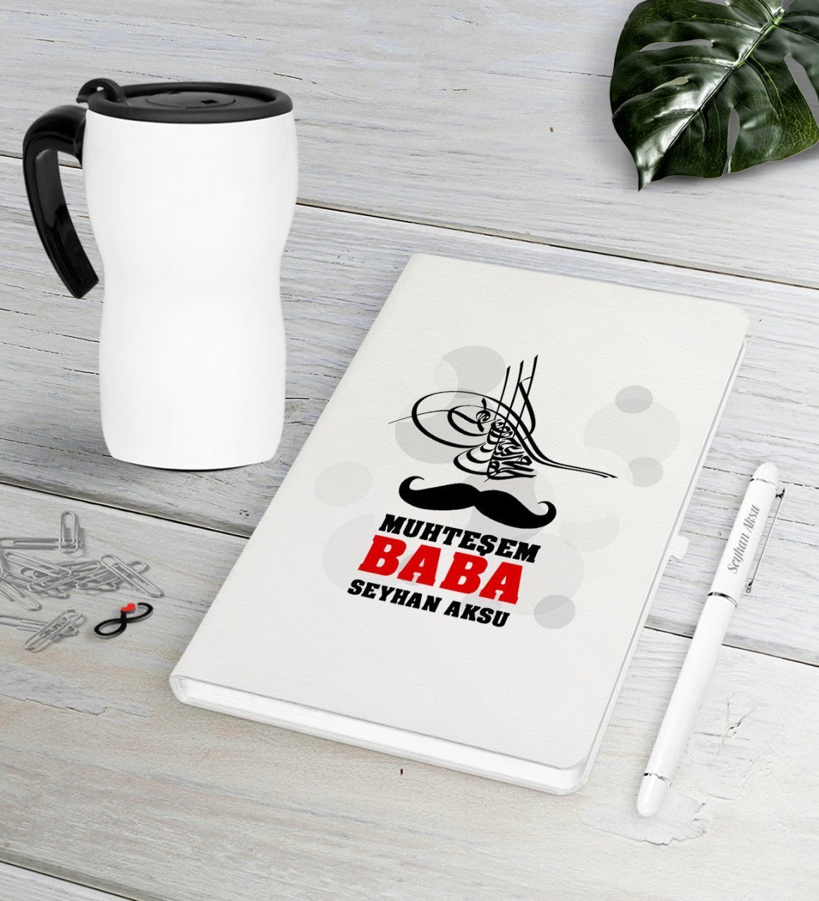 Kişiye Özel Muhteşem Baba Beyaz Defter Kalem Termos Mug Seti